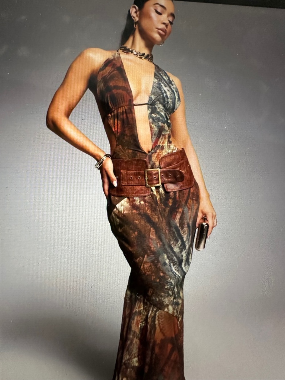 Murci Halter Maxi dress with vegan leather straps, deep plunge. XS
